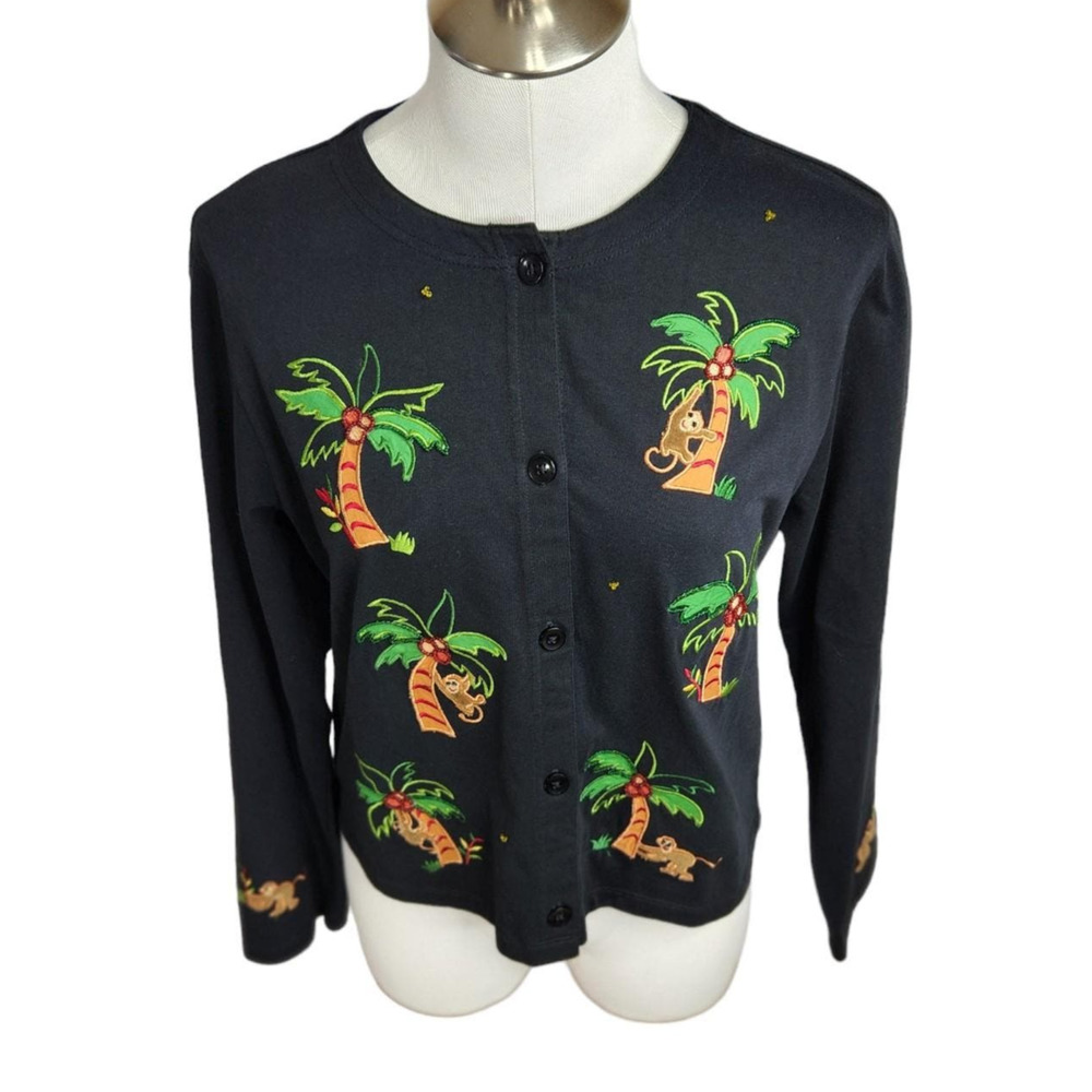 Michael Simon Light Cardigan Women's Medium Beaded Palm Trees Monkeys